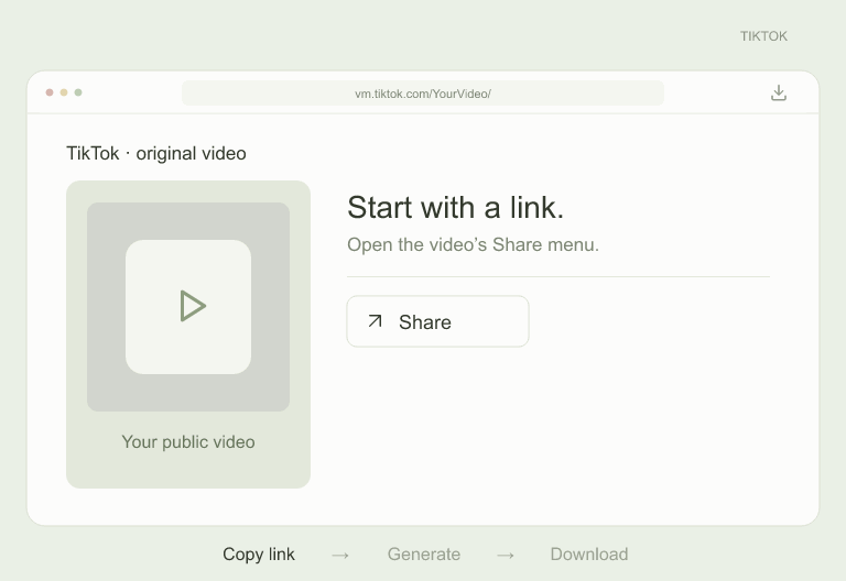 tiktok video download example: copy a public link, click Generate, then download the video